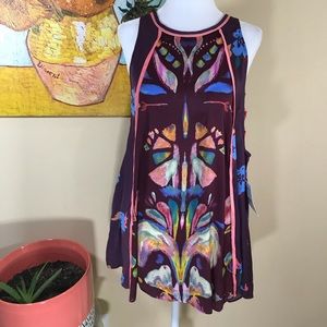 Free People Plum Floral Print Sleeveless Tunic with Multicolor Accents